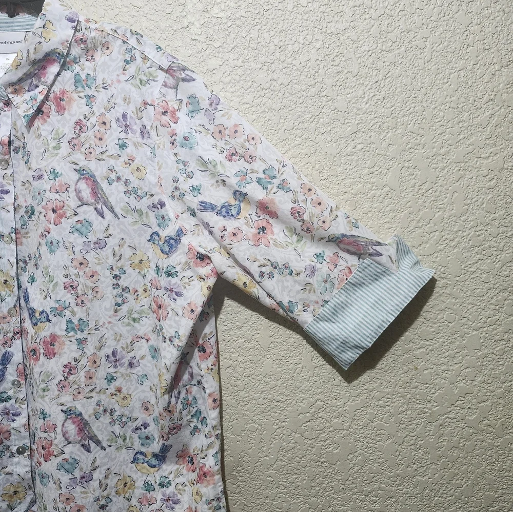 Alfred Dunner White Floral and Birds Button Down Shirt Blouse - Picture 8 of 10
